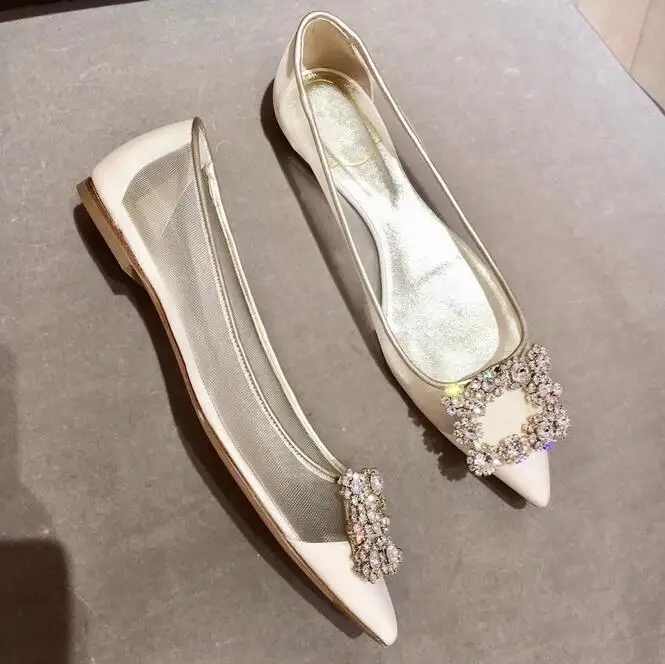 

2019 Summer Rhinestones Patchwork White Mesh Women Flats Pointed Toe Slip-on Flat Party/Wedding Shoes Lady