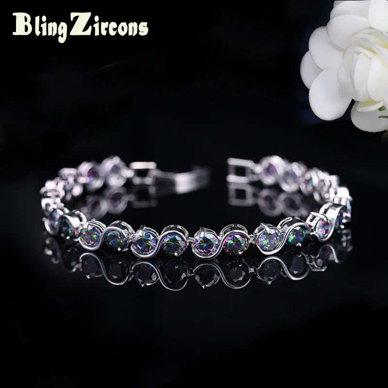 

BeaQueen Mystical Round Stone Connected 925 Sterling Silver Rainbow Bracelet Women Jewelry with Cubic Zirconia Crystals B121