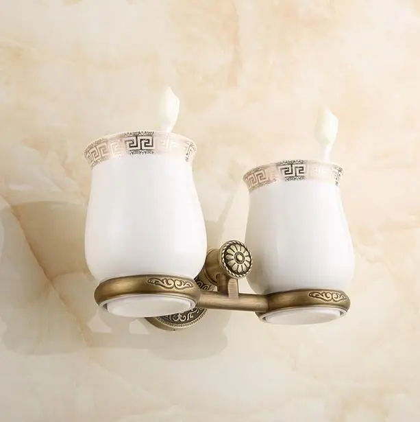 Brass antique double cup holder toothbrush Antique Brass Double Tooth Brush Holder Bathroom Cup Holder Toothbrush