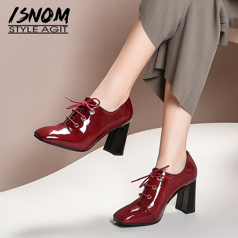 ISNOM/женские туфли-лодочки из лакированной кожи; обувь на шнуровке с квадратным носком; женская обувь на высоком толстом каблуке; модная женская обувь; коллекция года; сезон весна