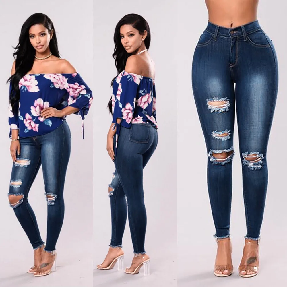 

Fashion Women Jeans Denim soft and comfortable Hole Female Mid Waist Stretch Slim Sexy Pencil Pants L50/0130