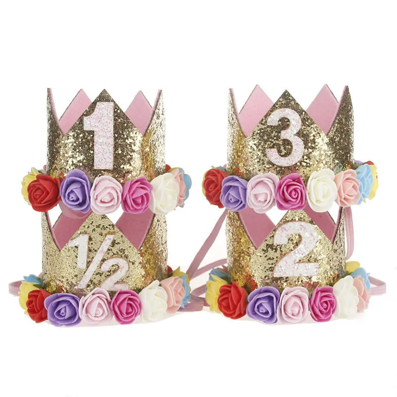 Девочка первый Декор ко дню рождения 1-й цветок вечерние Корона один 2-й трехлетний номер принцессы розовая шляпа аксессуары для волос новорожденного