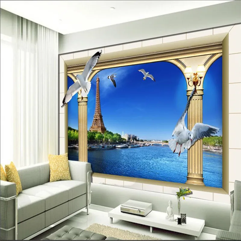 

custom photo wall mural wallpaper-3d Luxury Quality HD Roman Seine Eiffel Tower Pigeons extending space large wall mural-3d