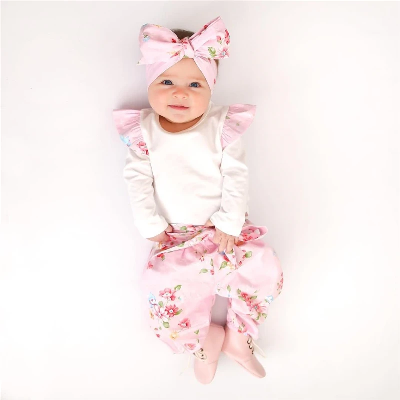 Pudcoco/комплект из 3 предметов года, одежда для маленьких девочек боди с длинными рукавами и цветочным узором+ штаны+ шапка, комплект из 3 предметов комплект одежды для новорожденных девочек