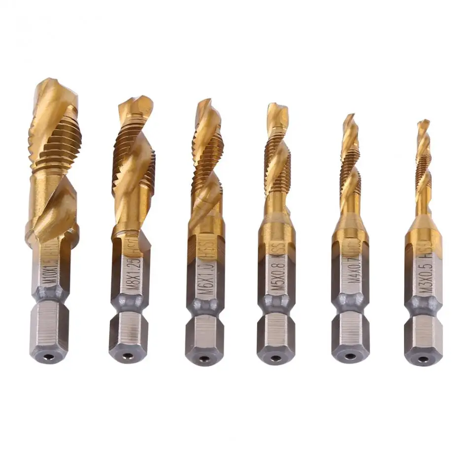 

6pcs/Lot HSS Drill Bits Metric Thread M3-M10 Titanium Coated HSS Drill and Tap Bits 1/4" Hex Shank Bits Set Machine Power Tools