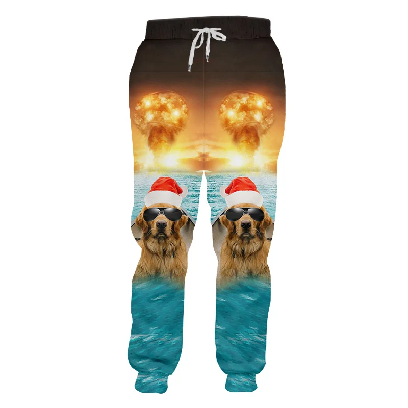 OGKB Рождество человек 3D напечатанные рыбы и солнцезащитные очки брюки собаки личности взрыв фон спандекс пот брюки
