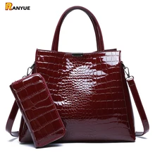 Роскошная брендовая крокодиловая женская сумка, черная, красная, лакированная кожа, женские сумки, набор, Большая вместительная сумка на плечо, женские сумки-тоут+ кошелек