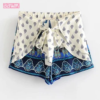

2019 summer new women's fashion wild slim slimming high waist blue and white porcelain printing tie shorts