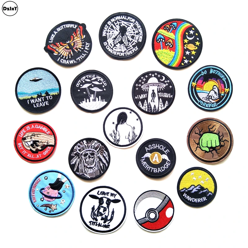 

1 PCS Round UFO Embroidered Patches for Clothing DIY Stripes Applique Clothes Iron on Stickers Alien Badges Planet Parches @W