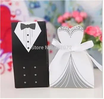 

500pcs/Lot Party Favor Gift Tuxedo Dress Groom Bridal Wedding Candy Boxes Black And White