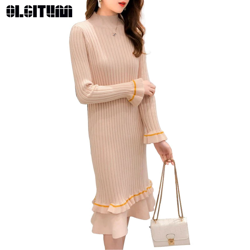 

New Ruffled Lazy Lady Style Half-high Collar Knit Dress Autumn/Winter Long Ove-knee Sweater Female Bottom Vestido Soft Warm