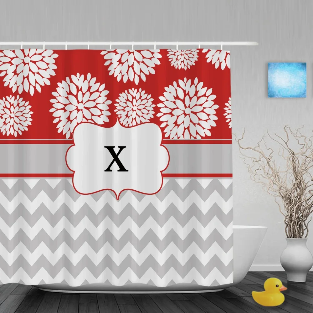 Gray Teal Chevron Blooms Personalized Shower Curtain Art Monogram Print