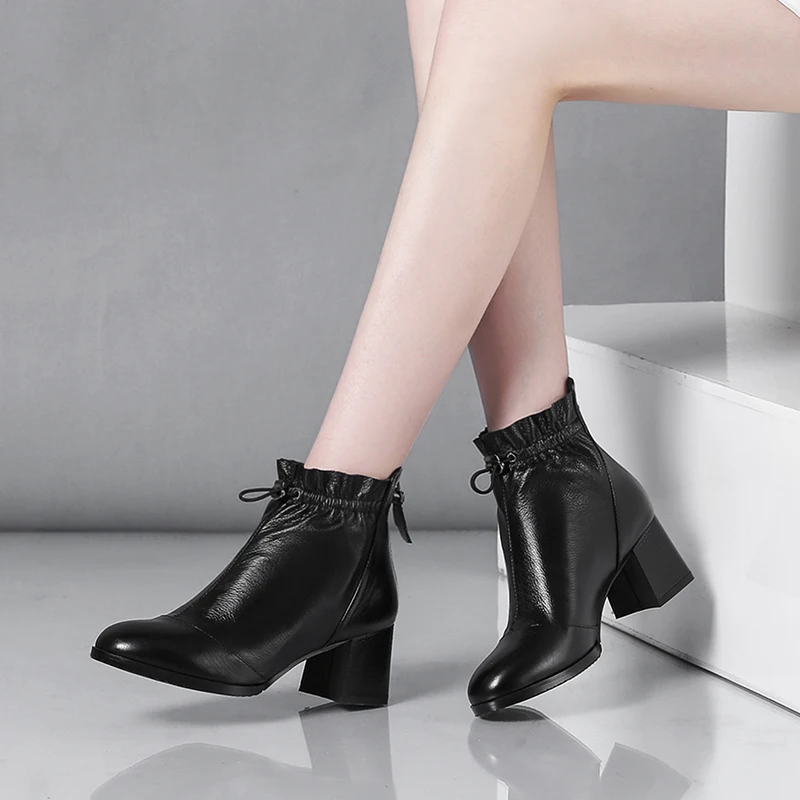 Kickway/женские ботинки из натуральной кожи; женские ботильоны; черные ботинки на толстом каблуке средней высоты; женская обувь с молнией сзади; botas mujer; размеры 34-42