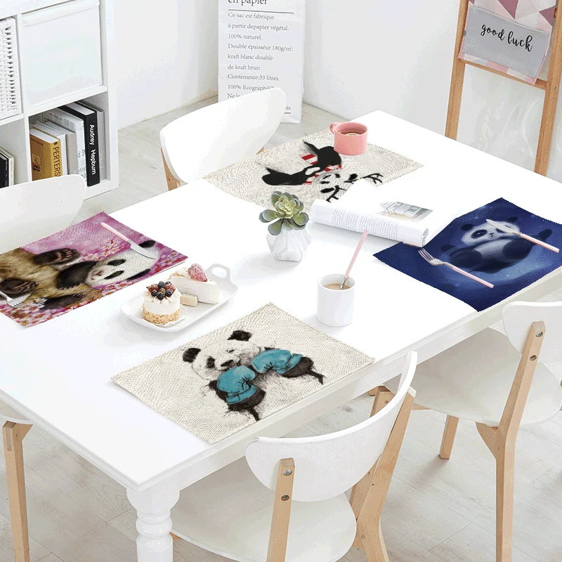 

42*32cm Cuteness Chinese Boxing Panda Printed Table Napkin for Wedding Party Table Cloth Cotton Linen Dinner Napkin Home Textile