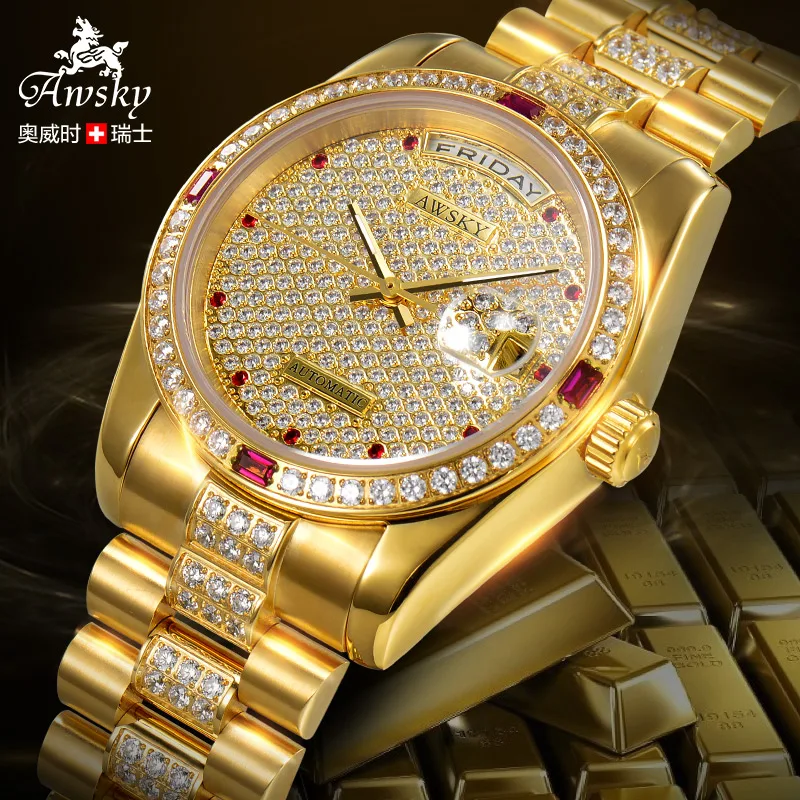 Nuovo Awsky Uomini Orologio Automatico 18 k Placcato Oro Strass Completa  Data Giorno 28 Gioielli uomini di Lusso orologi Meccanici  Freeshipping|freeshipping| - AliExpress