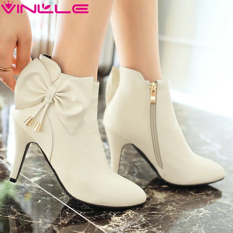 

VINLLE 2016 Pointed Toe Cone High Heel Ankle Boots Sweet Style Bow Tie PU Leather Women Shoes Women Motorcycle Boots Size 34-43
