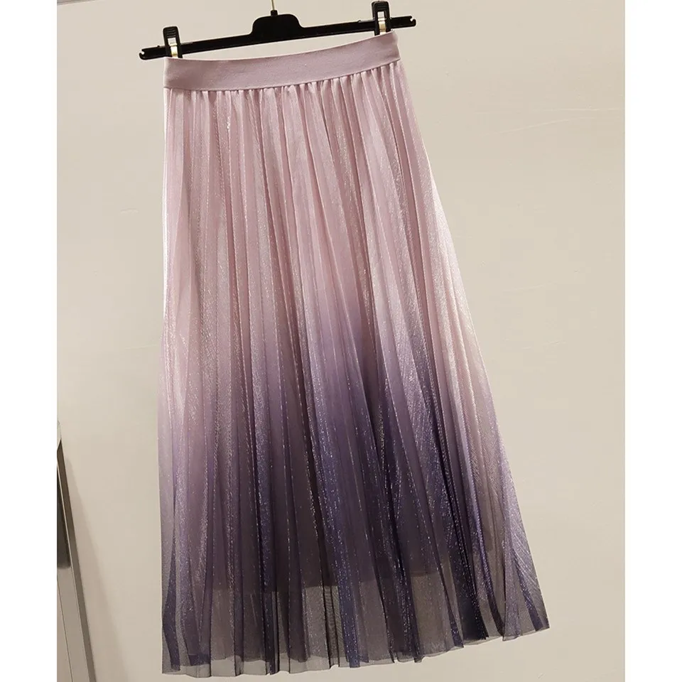 Мода Весна Лето Новые плиссированные юбки средней длины женские градиентные яркие шелковые трапециевидные сетчатые Юбки Повседневная юбка в стиле ампир