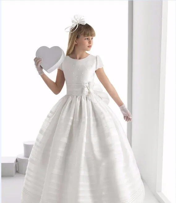 Новинка года; платья для первого причастия для девочек; платья с короткими рукавами с жемчужинами и цветочным узором для девочек на свадьбу
