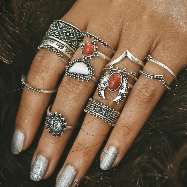 Crazy Feng 14 pcs /Set Flower Midi Ring Sets for Women Boho Beach Vintage Turkis Crazy Feng 14 pcs /Set Flower Midi Ring Sets for Women Boho Beach Vintage Turkis
