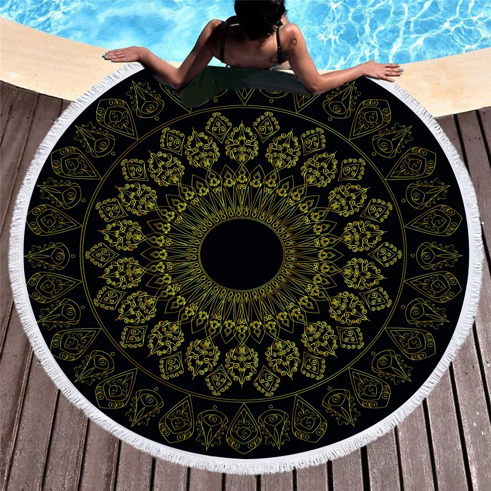 Круглое пляжное полотенце Мандала с цветами и кистями из микрофибры с принтом махровое летнее большое полотенце 150 см Коврик для йоги - Цвет: 2