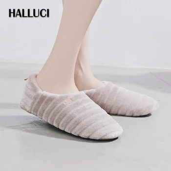 

Winter warm home flats slippers shoes women simple stripes fluffy slides warm indoor shoes household pantufa cotton slipper