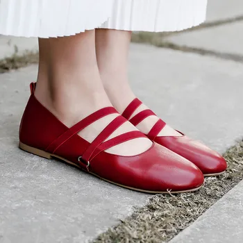 

YMECHIC 2018 Summer Autumn Cross Strap tied Mary Jane Flat Shoes Genuine Leather Square Toe Flats Ladies Casual Shoes Woman