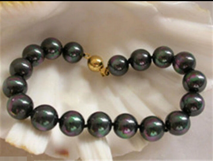 

10-11MM NATURAL SOUTH SEA GENUINE BLACK PEARL bracelet7.5-8" e SHIPPING 5.25