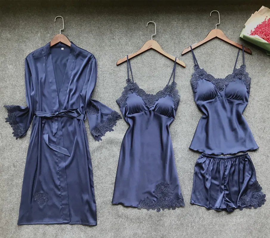 Сексуальный женский халат и халат, кружевной Халат+ Ночное платье, комплект из двух предметов для сна, Женский пижамный комплект, халат из искусственного шелка, женское белье