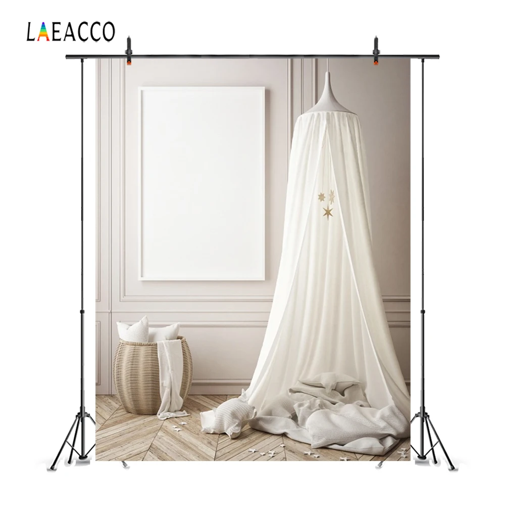 Laeacco Gray White Tent Wigwam Chic Wall Wooden Floor Curtain Star