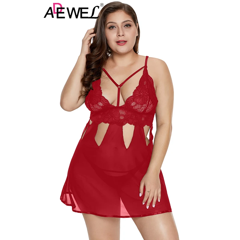 

ADEWEL Plus Size Night Club Eye-catching Black Sexy Women Bodysuit Hollow Out V Neck Sheer Lace Underbust Band Body Suit 2019