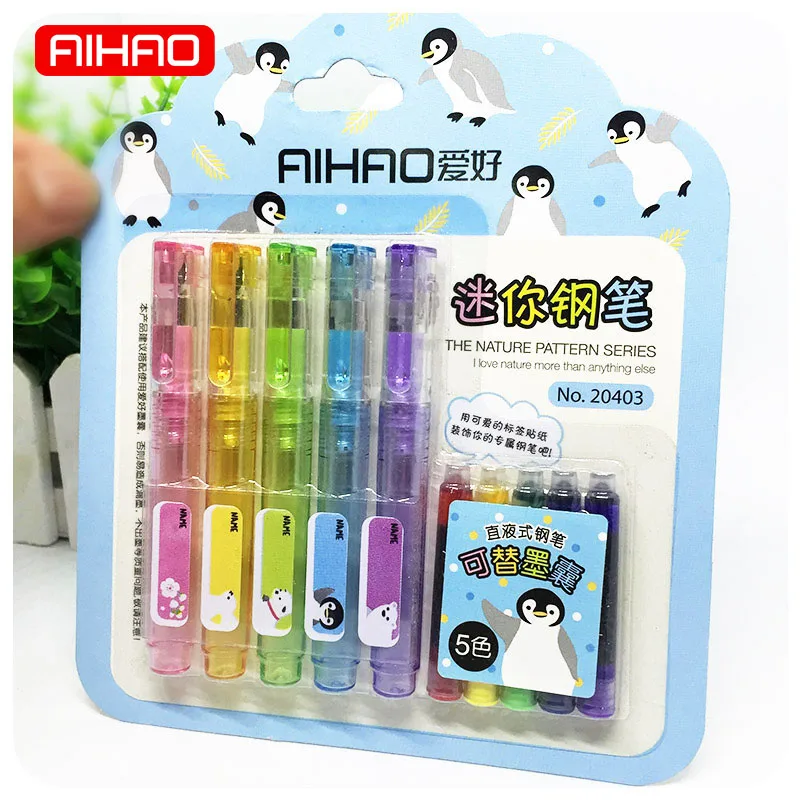

AIHAO 5 pcs/lot Korean Stationery Kawaii Mini Colored Fountain Pen Set With Ink Sac For Kids Gift School Supplies Student