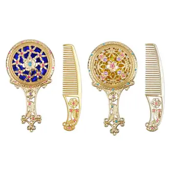 

1set Classic Chic Retro Vintage pocket Mirror Compact Makeup Mirror with Hair Comb Hand Make Up Bronze Hollow Out Makeup Vanity