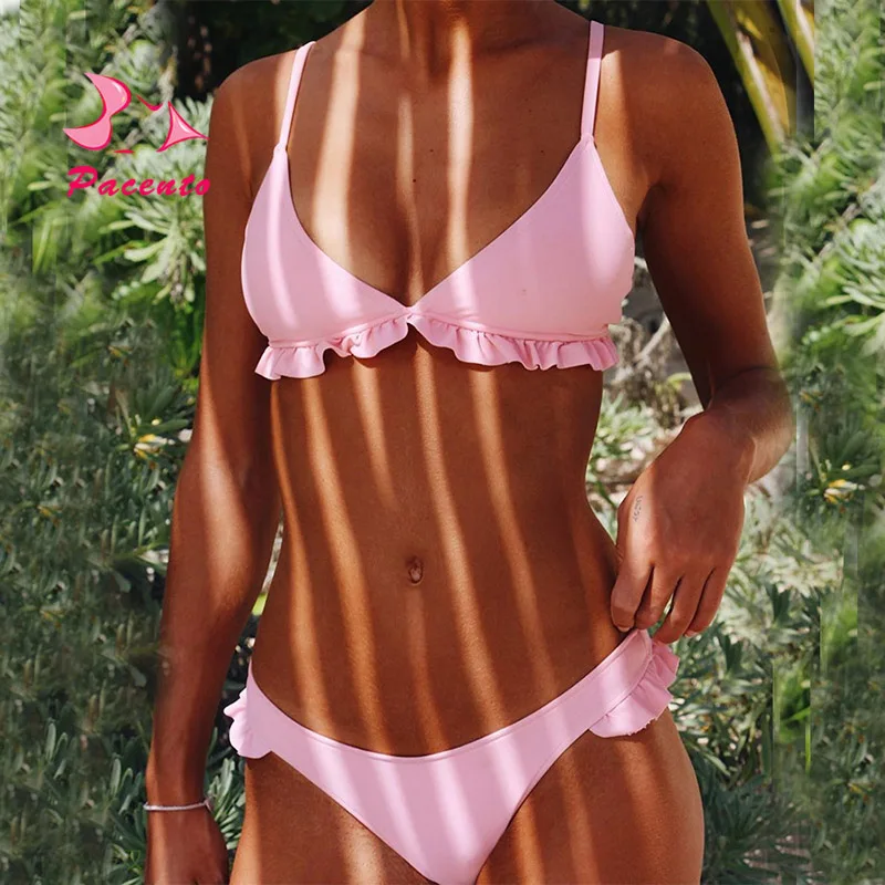 

Pacento Bikinis Set Frilly Ruffle Lace Up Bikini Brazilian Thong Sexy Women Swimsuit Halter Pink Swimwear Female Bathing Suit
