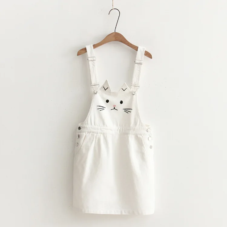 2018 New Summer Women Suspender Dress Harajuku Cute Cat Embroidery Female Overalls Strap Jeans Dresses Sundress Denim Dress