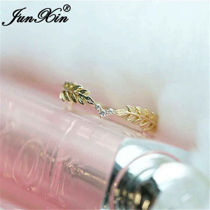 JUNXIN Cute Girls Stacking Daily Thin Rings For Women Yellow Gold Filled Wheat Feather Leaf Ring Female CZ Wedding Crown Ring