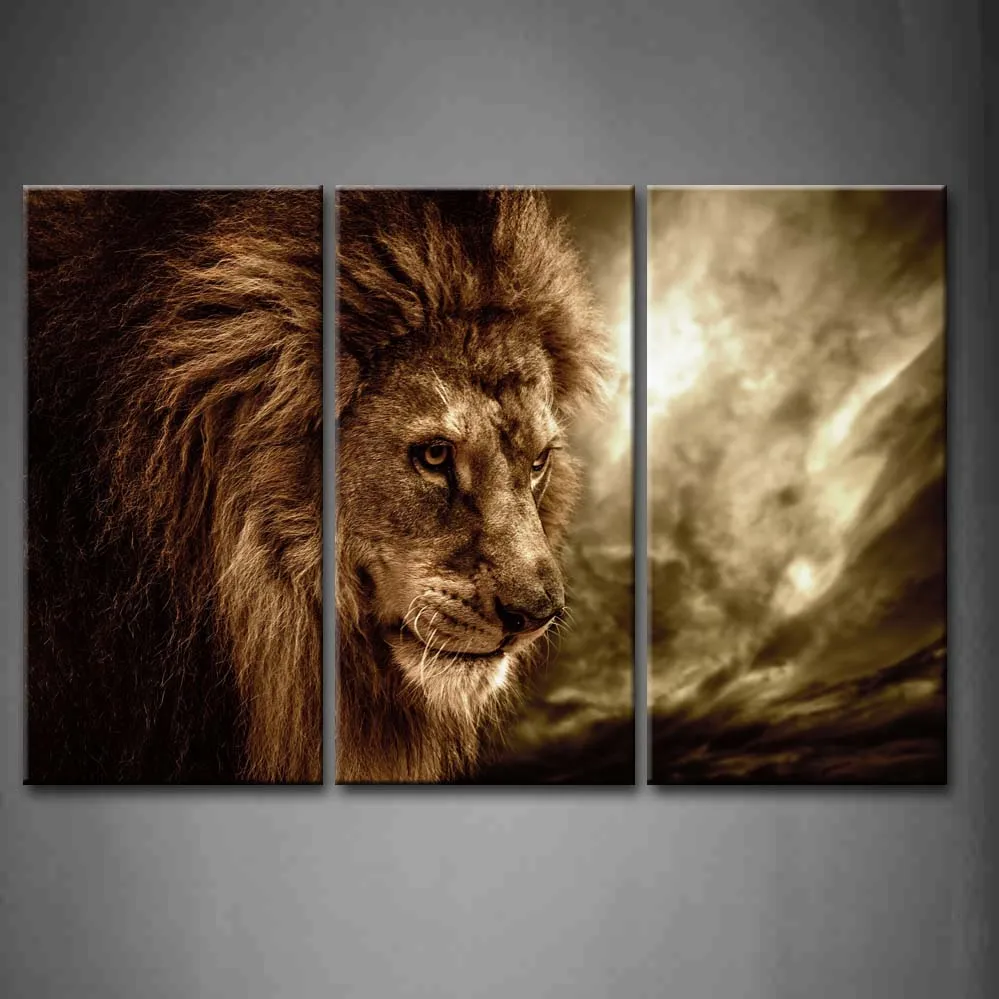 

3 Panels Unframed Wall Art Pictures Lion Stormy Sky Canvas Print Artwork Modern Animal Posters For Home Living Room