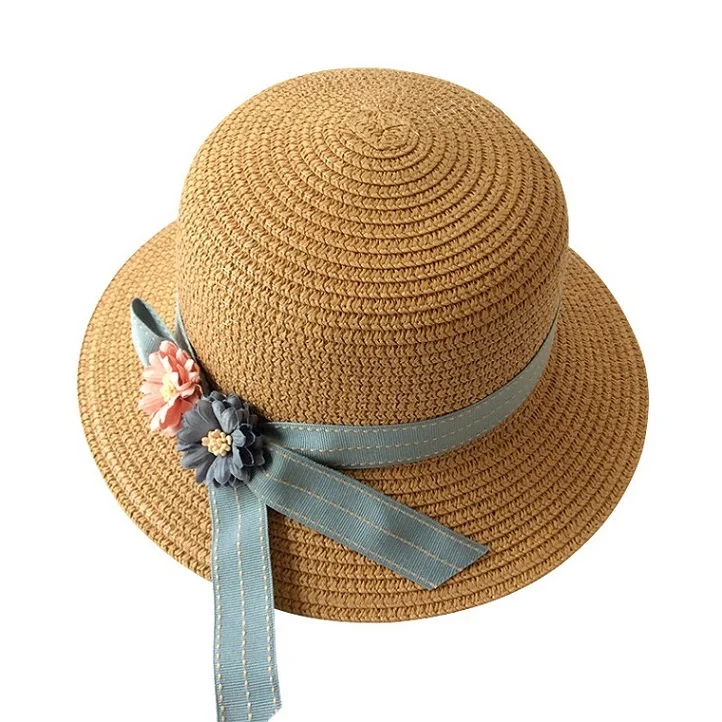 Шапки для девочек, соломенная шляпа с цветочным принтом для девочек, Панама, Детские Солнцезащитные кепки, детские летние шляпы, детские шляпы кепки - Цвет: Коричневый