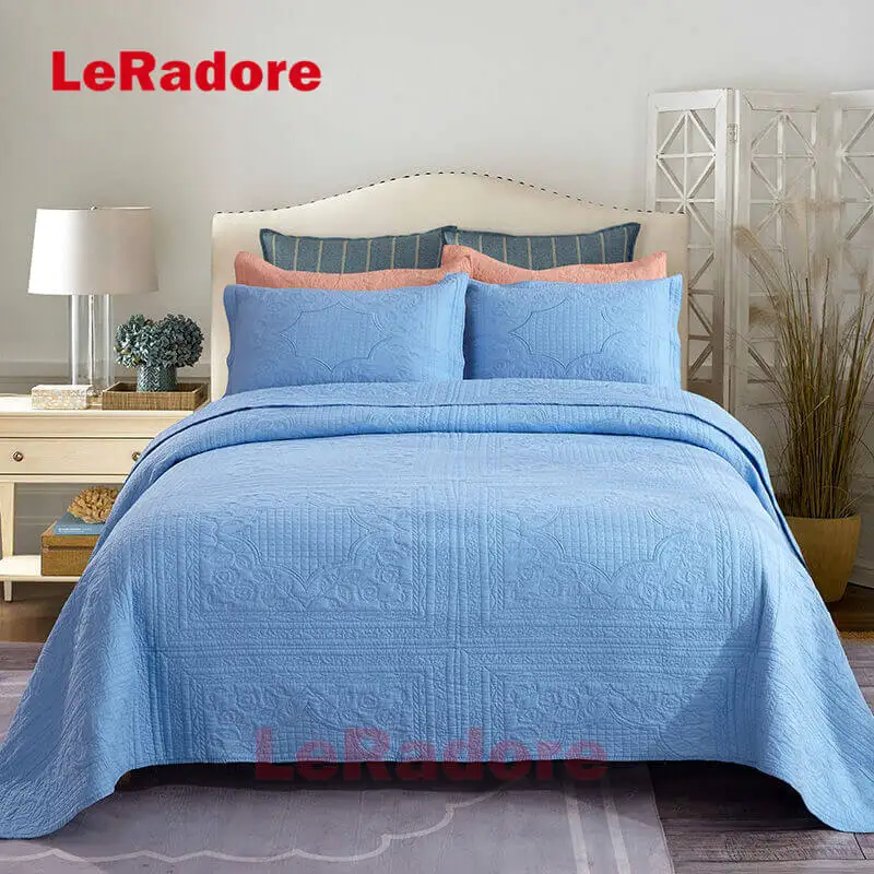 Leradorecustom Blue Solid Quilting Bedspread Coverlet 3pcs Cotton