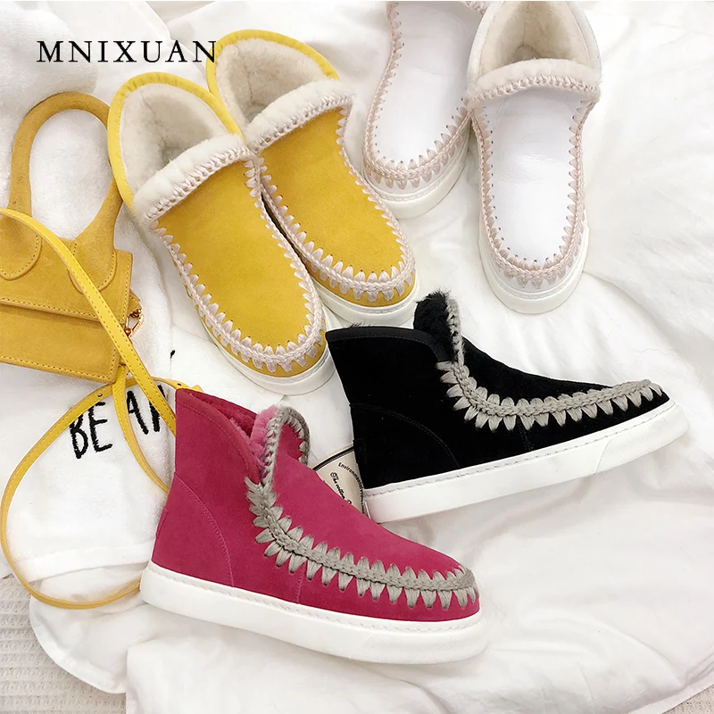 

MNIXUAN winter women shoes warm plush snow boots 2018 new round toe wool blend platform height increasing short boots big size43