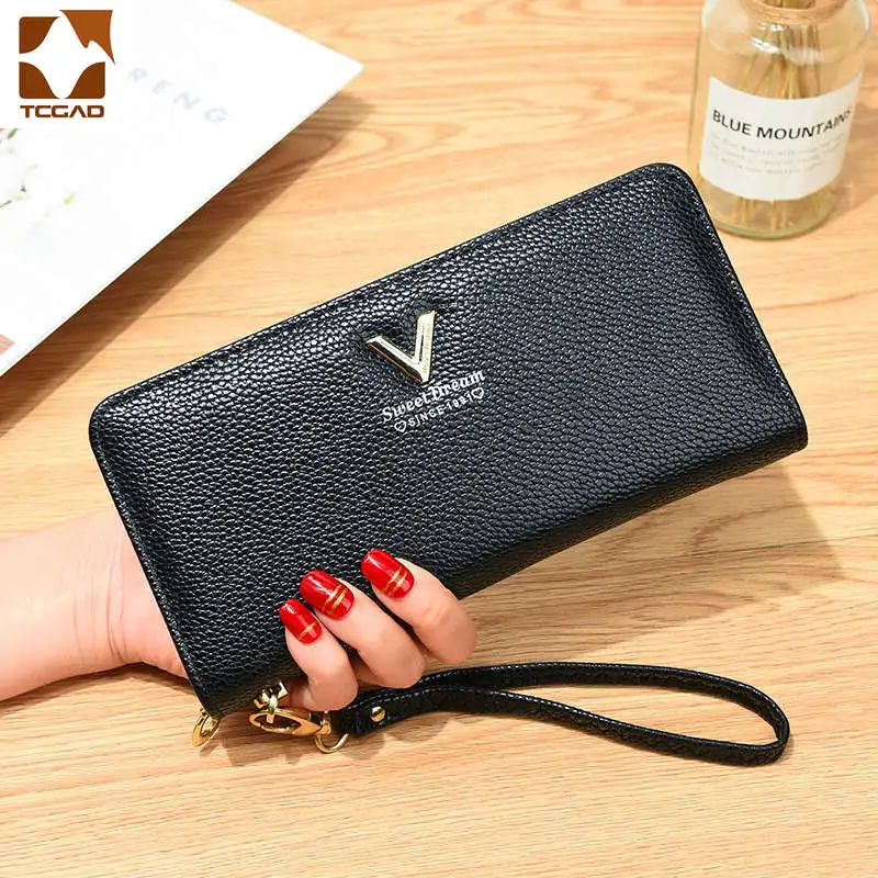 

New Arrivals 100% Leather Genuine V Sequined Women Wallets Female Clutch Zipper Clutch Purses Phone Pocket With Hand Rope 2019