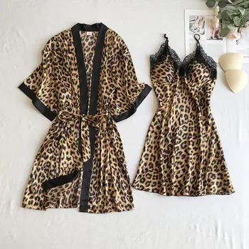 

Robe Sets Leopard Satin Lace Lacing Sexy Pajamas Summer Silk Female 2 Piece Set With Chest Pads Dress Robe Home Clothing MA50157