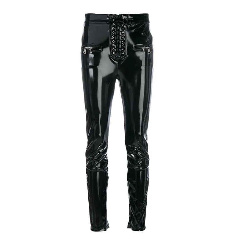 Весенние кожаные брюки в стиле панк, женские уличные обтягивающие брюки-карандаш с перекрестными ремешками, европейские черные женские брюки из искусственной кожи на молнии