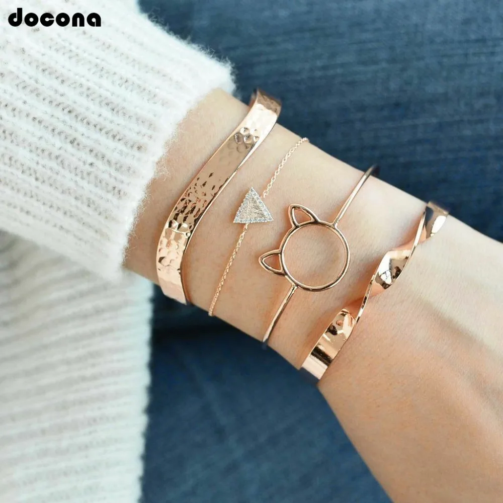 

Docona Bohemia Gold Wave Spiral Bangles Set For Women Triangle Cat Head Link Bracelets Metal bracelet Jewelry Pulseiras 6842