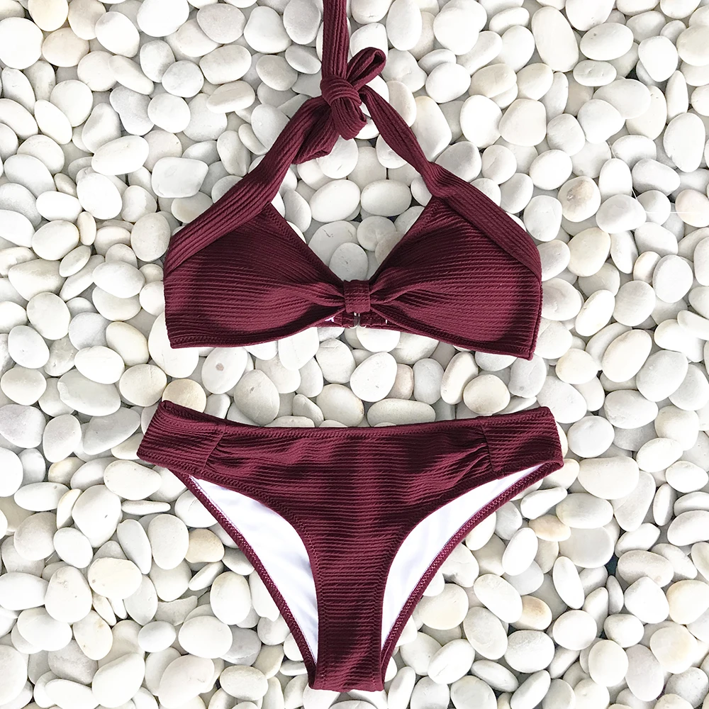 

Cupshe Solid Knot Low-waisted Bikini Set Women Summer Swimsuit Beach Bathing Suit Swimwear Brazilian Biquini Bathing Suit