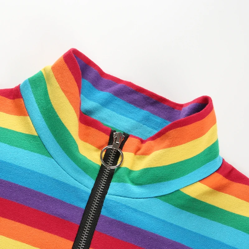 8Sweetown Long Sleeve Crop Top Tshirt Women Korean Style Rainbow Striped T-Shirt Turtleneck Autumn Winter 2018 Harajuku T Shirt