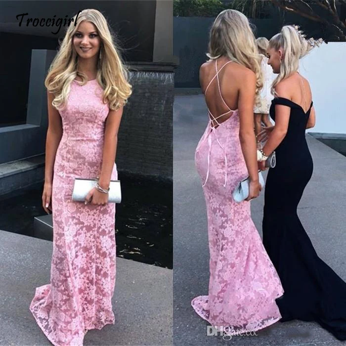 

Latest Halter Neck Pink Mermaid Long Evening Dresses Lace Backless Formal Evening Gowns Prom Dresses Vestido De Noche