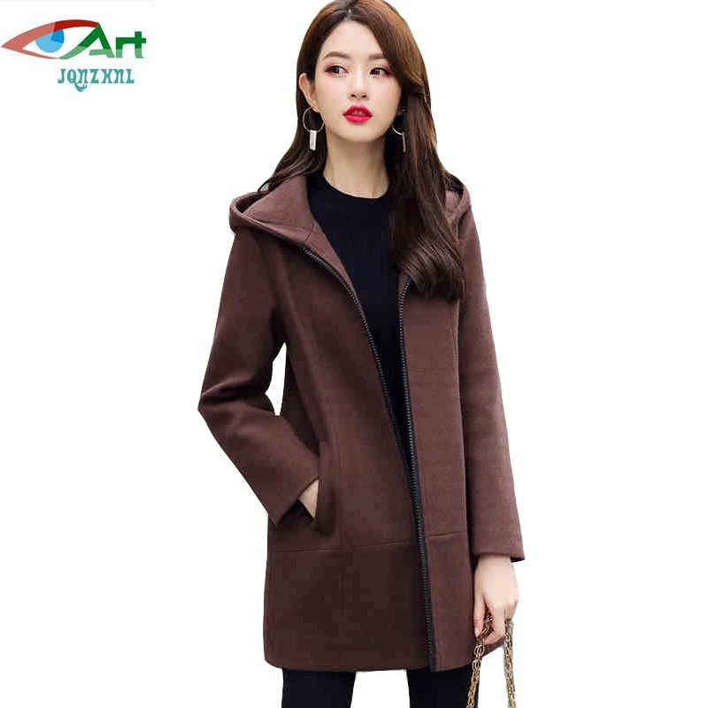 

JQNZHNL Fashion Women Casual Woolen Jackets Overcoats 2019 Autumn Winter Coats Women Solid Color Hooded Woolen Blends Coats E955