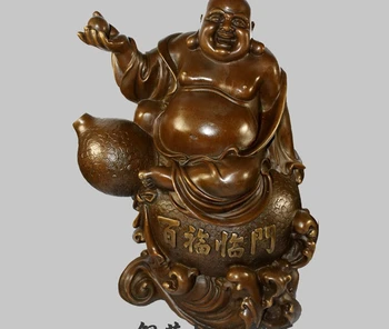 

16" China Bronze Happy Maitreya Buddha Sit Gourd Hand Hold Bead Statue