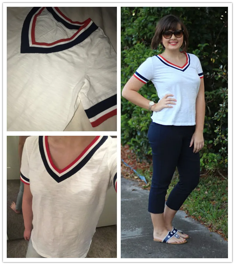 Dotfashion, стиль, летние женские футболки, свободные топы, базовая белая полосатая отделка, v-образный вырез, короткий рукав, футболка