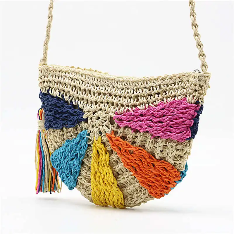 

New fashion Semicircle multicolored crochet straw bag crossbody woven handbags girl Color small bag for women 2019